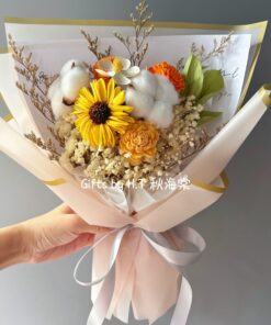 Te Amo preserved flower bouquet with sola sunflower cotton blooms and dried flowers