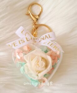 Preserved rose and hydrangea floral charm in clear acrylic case