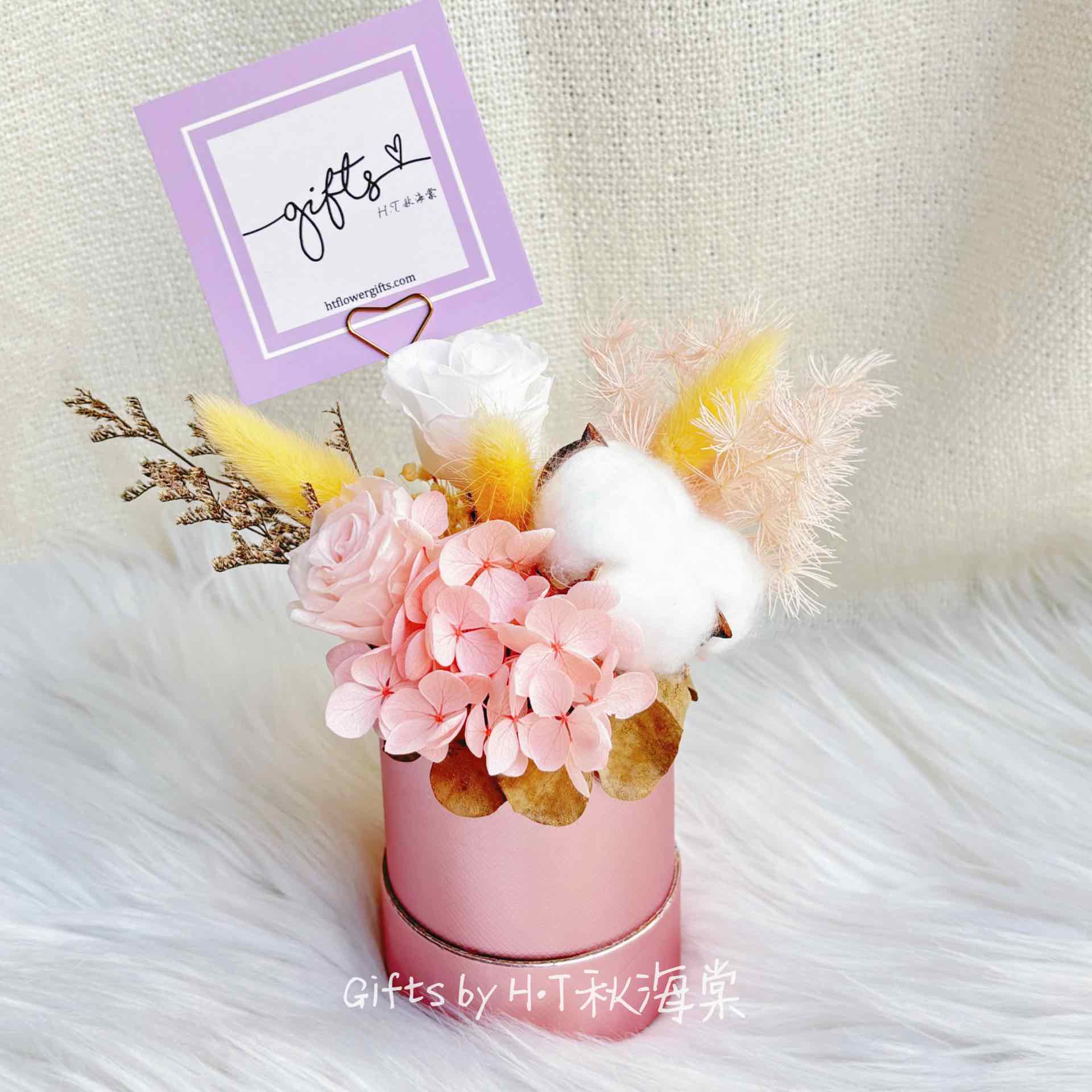 Pastel preserved flower box with roses and cotton blooms