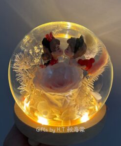 Romantic preserved glass dome with pink rose couple figurine and LED light