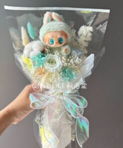 Green colour Labubu preserved flower bouquet with Pop Mart plush