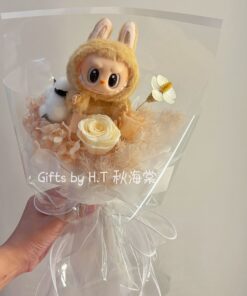 Light brown colour Labubu preserved flower bouquet with Pop Mart plush