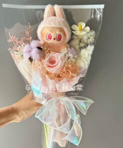 Pink colour Labubu preserved flower bouquet with Pop Mart plush