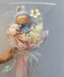 Purple colour Labubu preserved flower bouquet with Pop Mart plush
