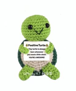 Handmade positive turtle crochet doll holding a You’re awesome encouragement message